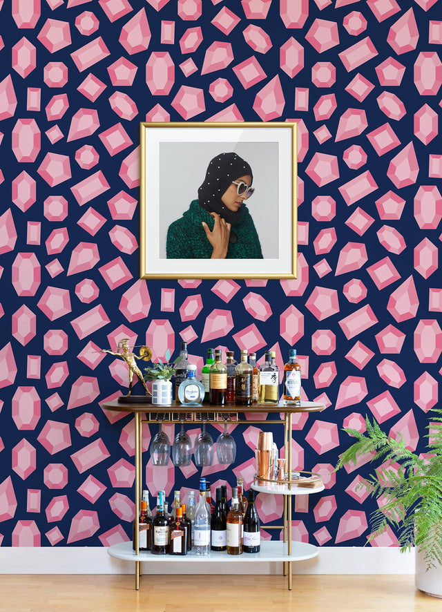 Lele Gems Navy Peel & Stick Wallpaper with Pink Gemstone Motif - NuWallpaper LSS4953