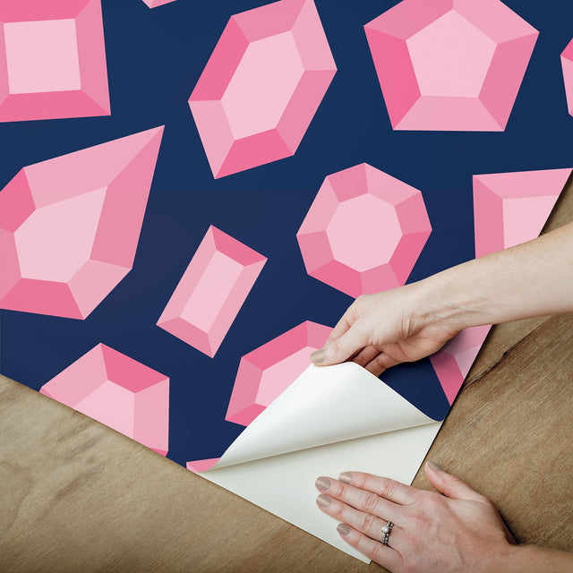 Lele Gems Navy Peel & Stick Wallpaper with Pink Gemstone Motif - NuWallpaper LSS4953