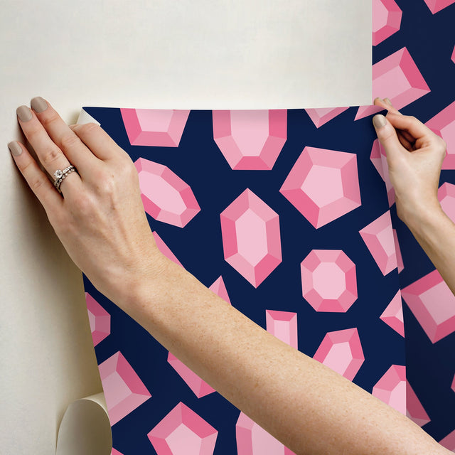 Lele Gems Navy Peel & Stick Wallpaper with Pink Gemstone Motif - NuWallpaper LSS4953