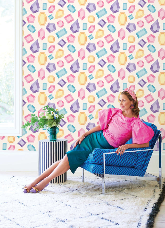 Lele Gems Ivory Peel & Stick Wallpaper with Multicolor Gemstone Pattern - NuWallpaper LSS4954