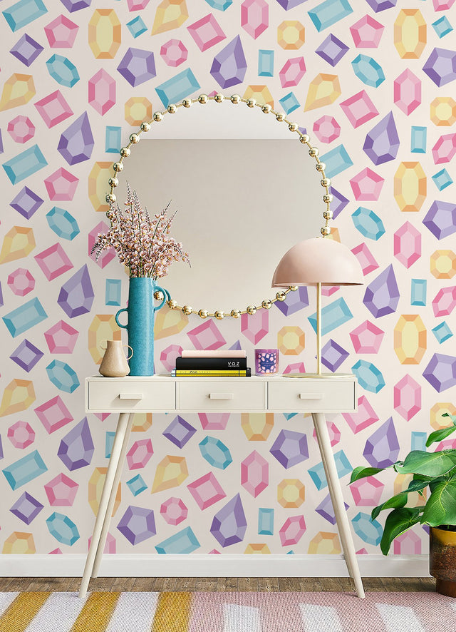 Lele Gems Ivory Peel & Stick Wallpaper with Multicolor Gemstone Pattern - NuWallpaper LSS4954