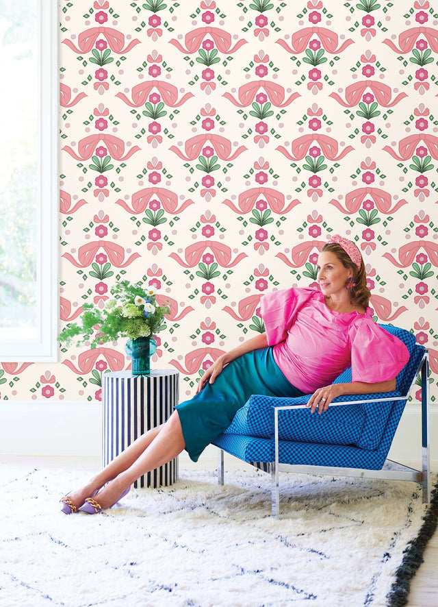 Bow Damask Pink Peel & Stick Wallpaper with Eclectic Damask Pattern - NuWallpaper LSS4955
