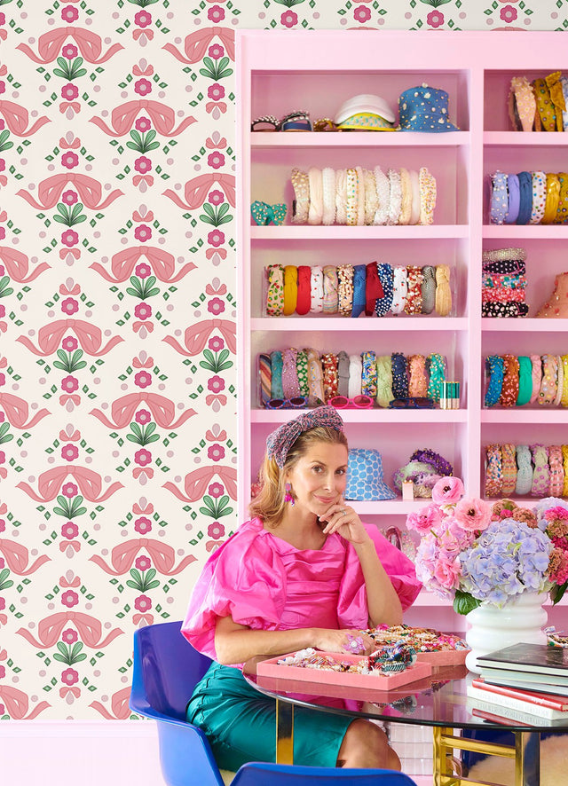 Bow Damask Pink Peel & Stick Wallpaper with Eclectic Damask Pattern - NuWallpaper LSS4955