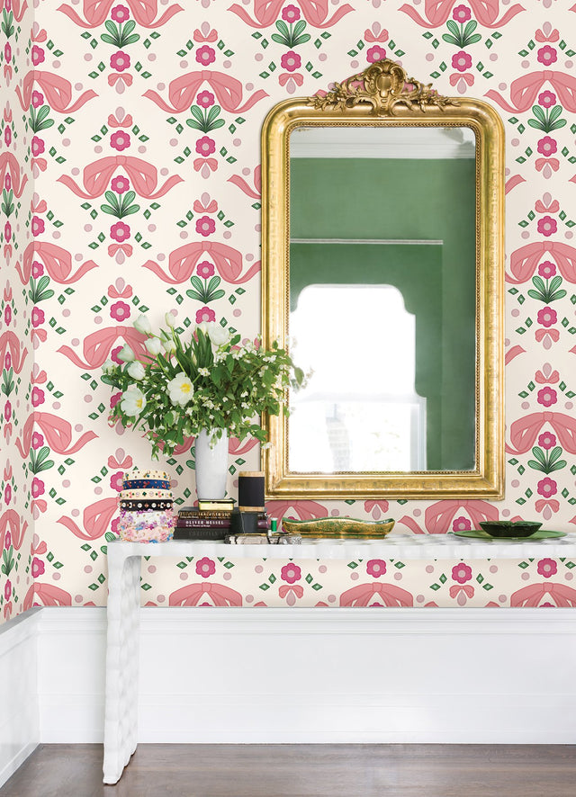 Bow Damask Pink Peel & Stick Wallpaper with Eclectic Damask Pattern - NuWallpaper LSS4955
