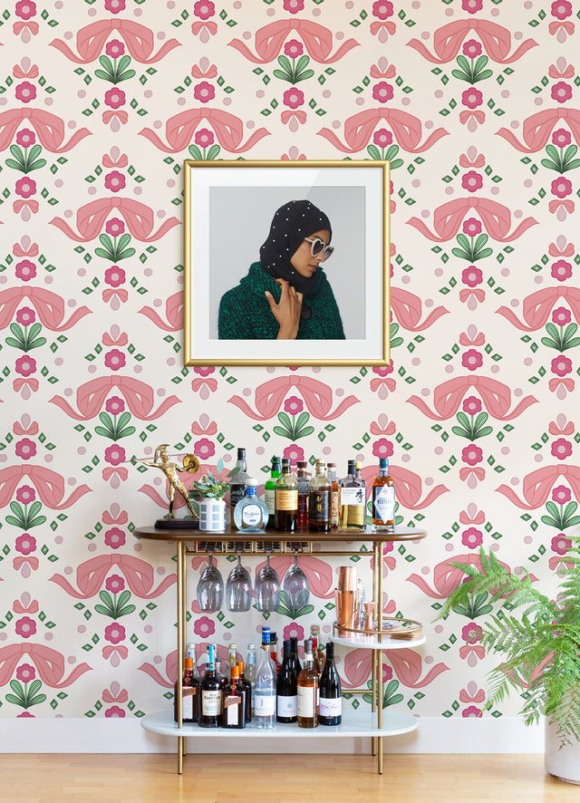 Bow Damask Pink Peel & Stick Wallpaper with Eclectic Damask Pattern - NuWallpaper LSS4955