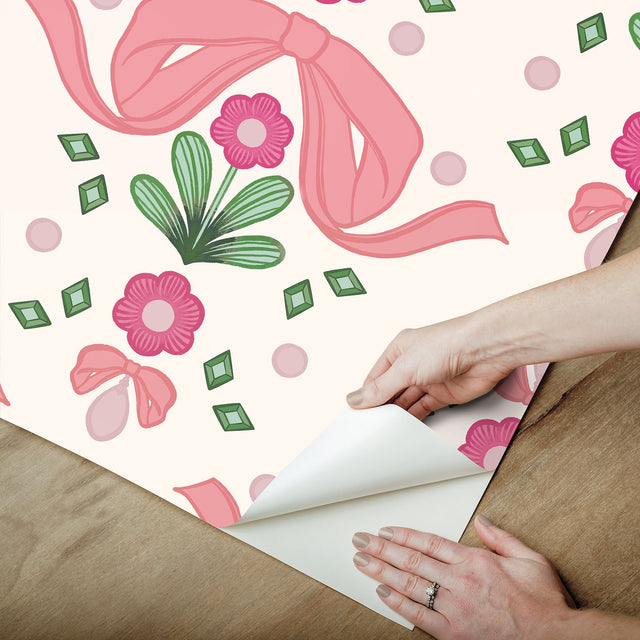 Bow Damask Pink Peel & Stick Wallpaper with Eclectic Damask Pattern - NuWallpaper LSS4955