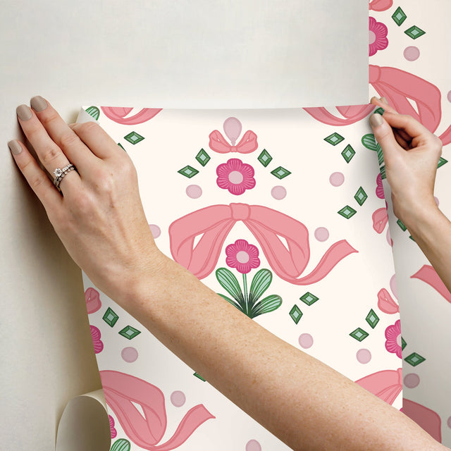Bow Damask Pink Peel & Stick Wallpaper with Eclectic Damask Pattern - NuWallpaper LSS4955