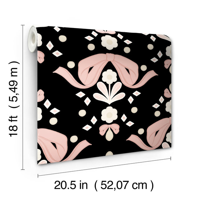Bow Damask Black Peel & Stick Wallpaper with Pink Ribbon Bow Damask Pattern, Eclectic Style - LSS4956