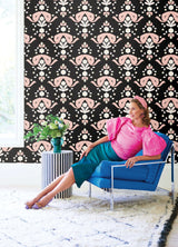 Bow Damask Black Peel & Stick Wallpaper with Pink Ribbon Bow Damask Pattern, Eclectic Style - LSS4956