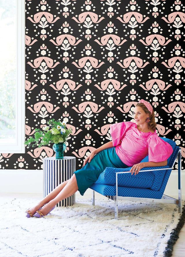 Bow Damask Black Peel & Stick Wallpaper with Pink Ribbon Bow Damask Pattern, Eclectic Style - LSS4956