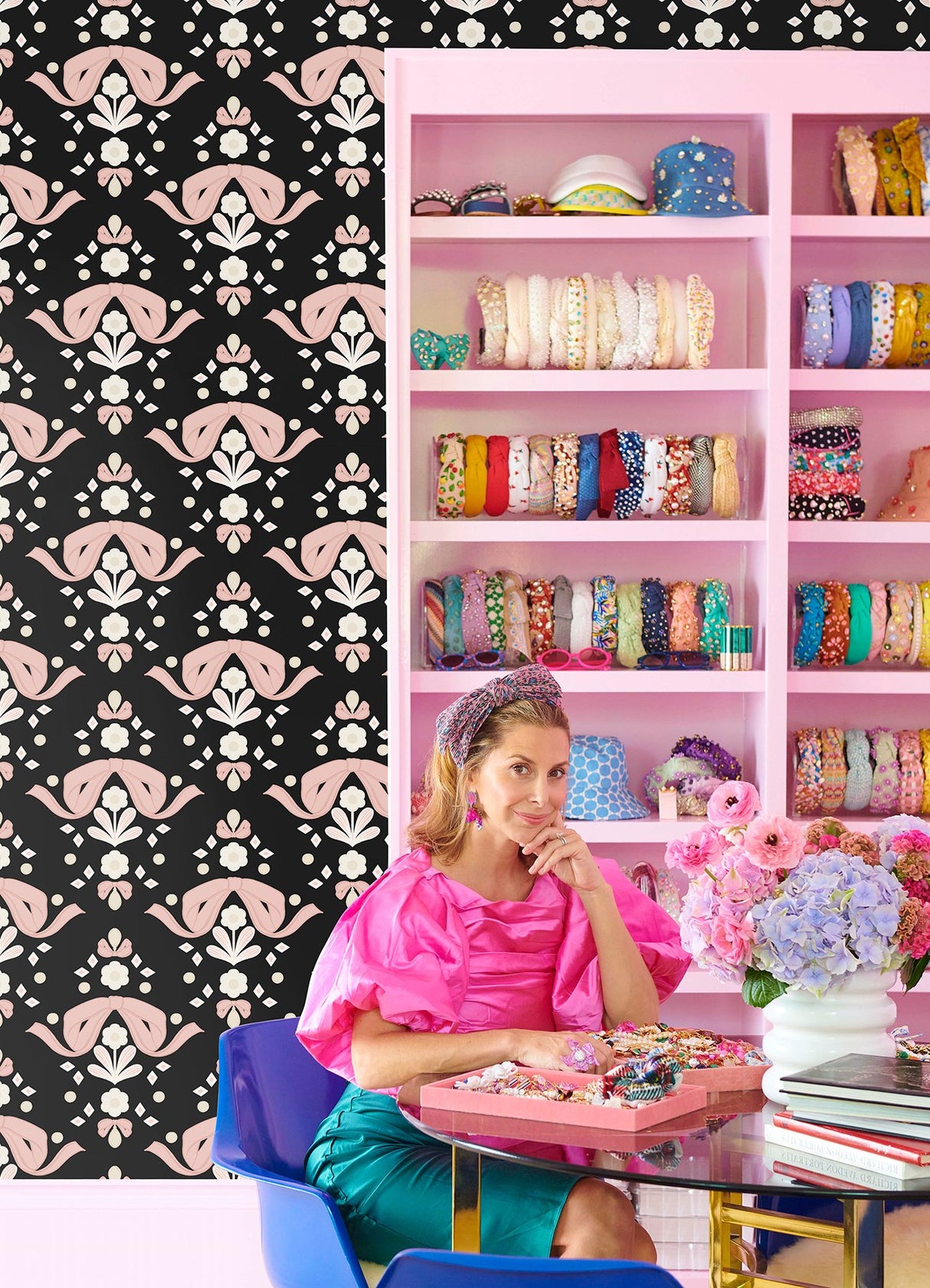 Bow Damask Black Peel & Stick Wallpaper with Pink Ribbon Bow Damask Pattern, Eclectic Style - LSS4956