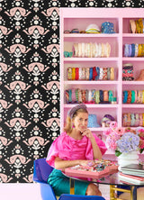 Bow Damask Black Peel & Stick Wallpaper with Pink Ribbon Bow Damask Pattern, Eclectic Style - LSS4956