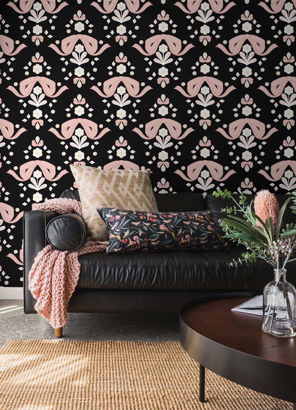 Bow Damask Black Peel & Stick Wallpaper with Pink Ribbon Bow Damask Pattern, Eclectic Style - LSS4956