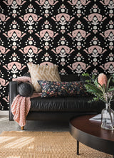 Bow Damask Black Peel & Stick Wallpaper with Pink Ribbon Bow Damask Pattern, Eclectic Style - LSS4956