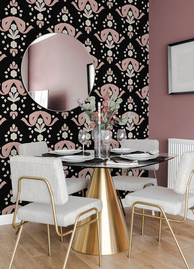 Bow Damask Black Peel & Stick Wallpaper with Pink Ribbon Bow Damask Pattern, Eclectic Style - LSS4956