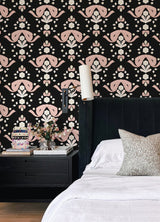 Bow Damask Black Peel & Stick Wallpaper with Pink Ribbon Bow Damask Pattern, Eclectic Style - LSS4956