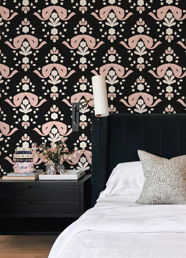 Bow Damask Black Peel & Stick Wallpaper with Pink Ribbon Bow Damask Pattern, Eclectic Style - LSS4956