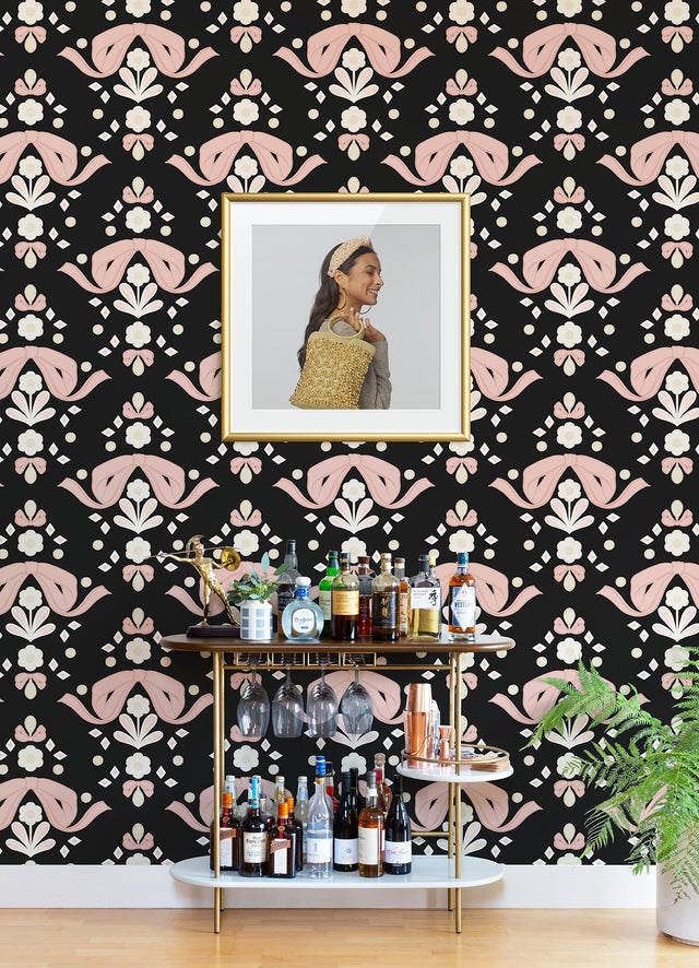 Bow Damask Black Peel & Stick Wallpaper with Pink Ribbon Bow Damask Pattern, Eclectic Style - LSS4956