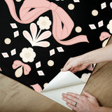 Bow Damask Black Peel & Stick Wallpaper with Pink Ribbon Bow Damask Pattern, Eclectic Style - LSS4956