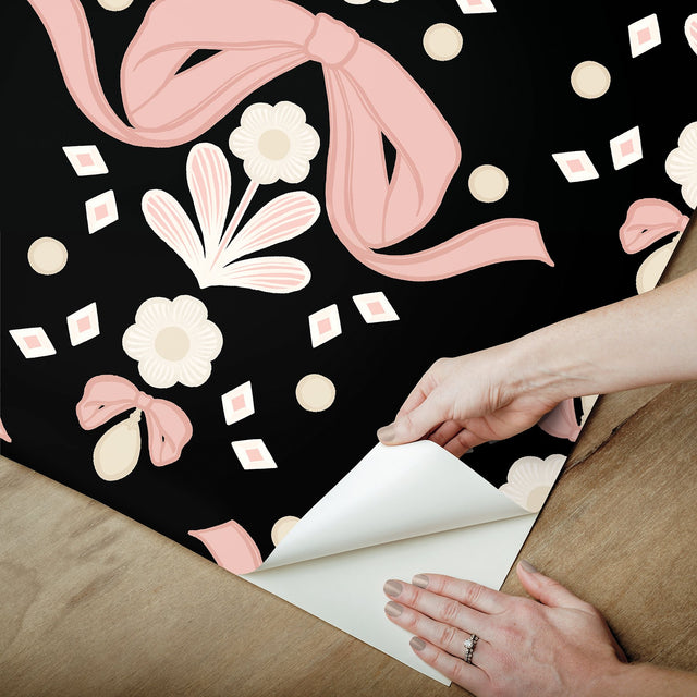 Bow Damask Black Peel & Stick Wallpaper with Pink Ribbon Bow Damask Pattern, Eclectic Style - LSS4956