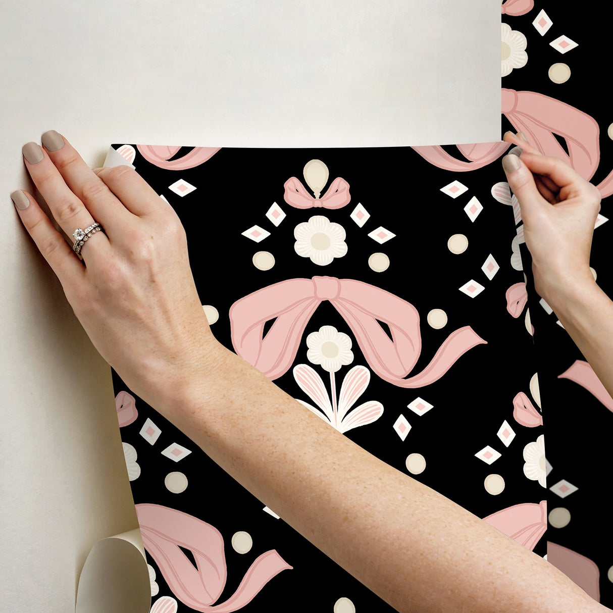 Bow Damask Black Peel & Stick Wallpaper with Pink Ribbon Bow Damask Pattern, Eclectic Style - LSS4956