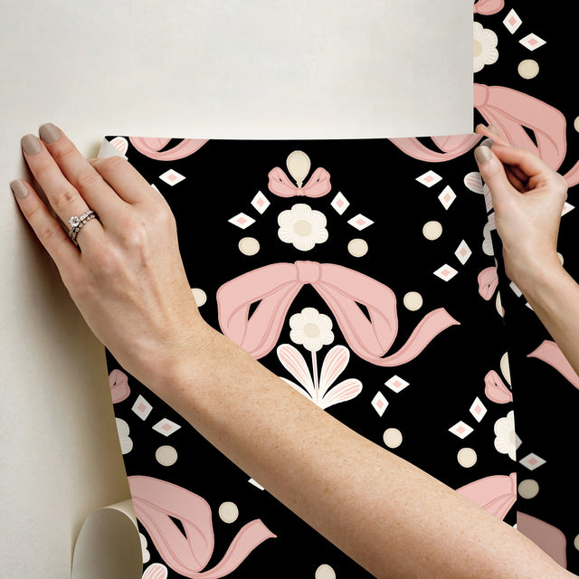 Bow Damask Black Peel & Stick Wallpaper with Pink Ribbon Bow Damask Pattern, Eclectic Style - LSS4956