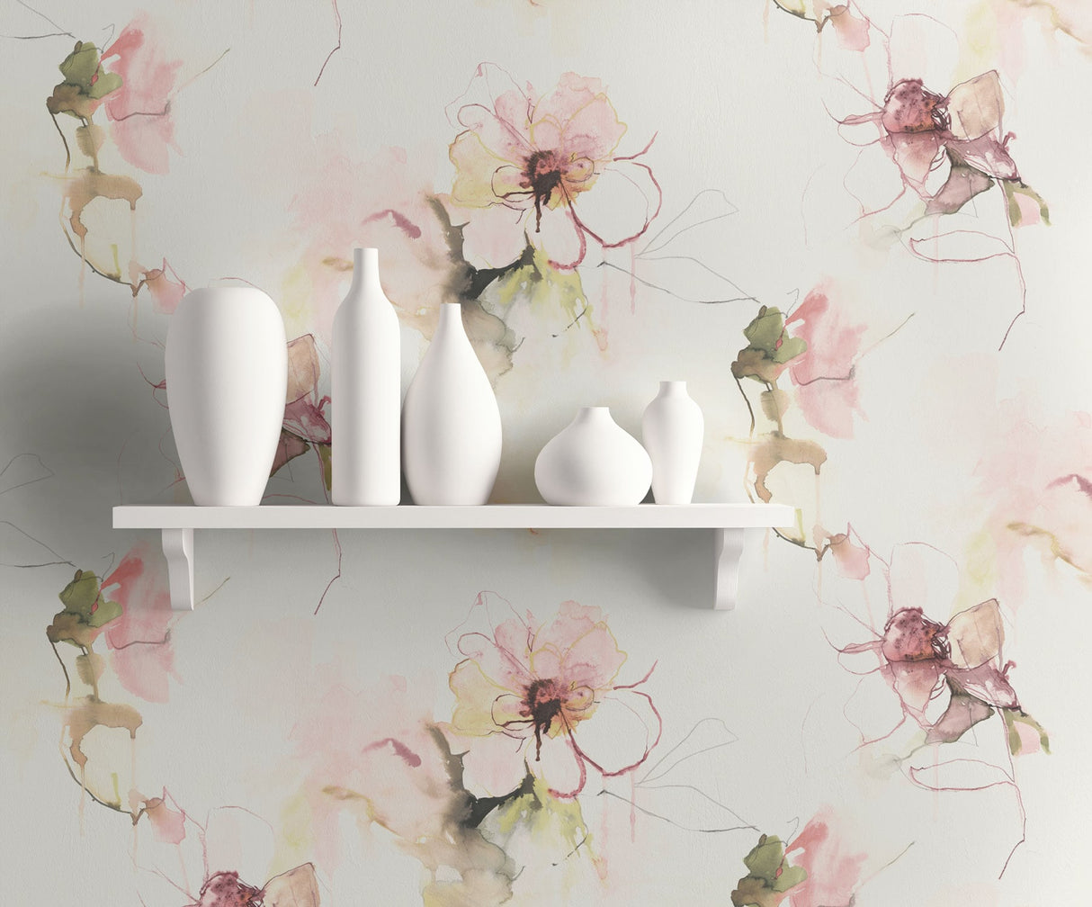 Anemone Watercolor Floral Pink Lemonade and Wine by Living with Art Watercolor Floral Wallpaper – Seabrook Designs LW50001