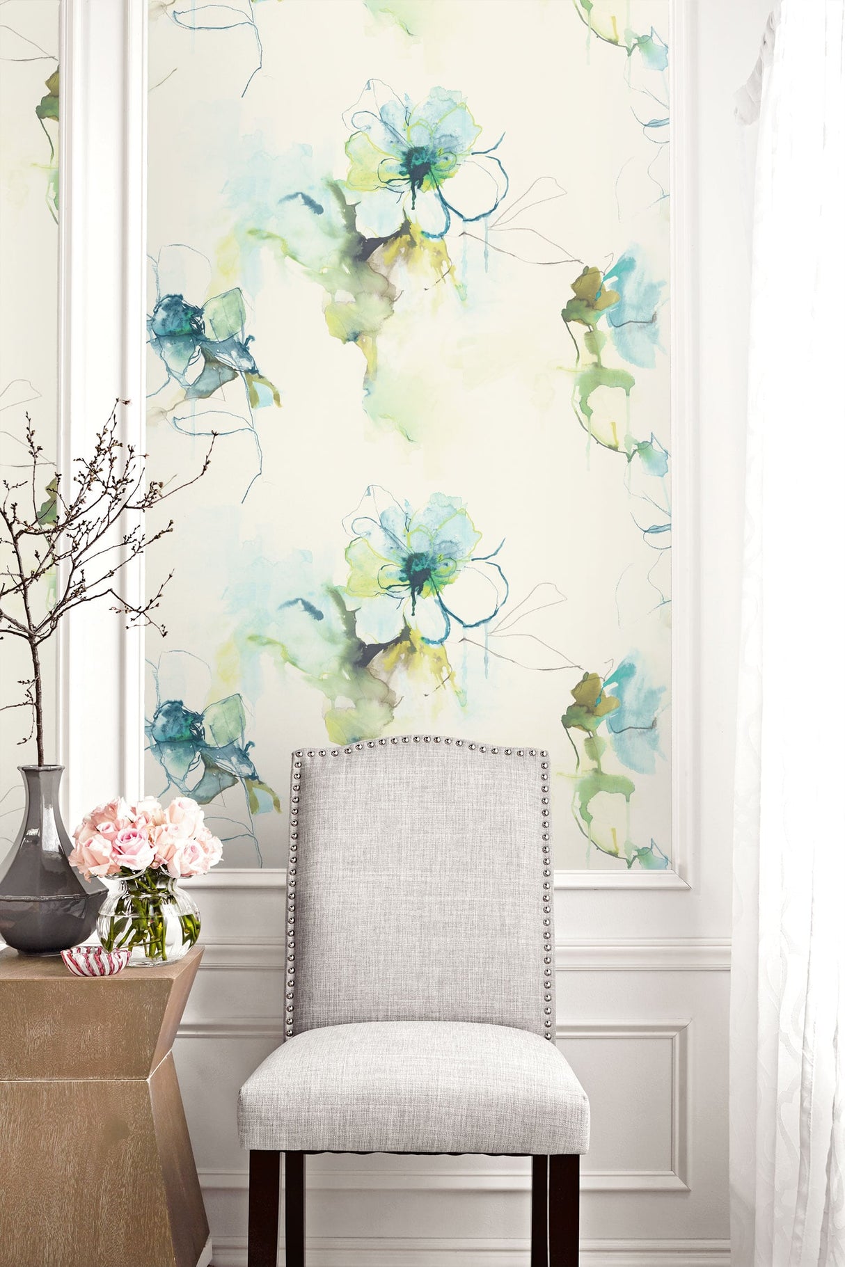 Anemone Watercolor Floral Glacier Blue and Pear by Living with Art Floral Wallpaper – Seabrook Designs LW50004
