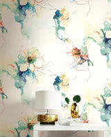 Anemone Turquoise and Persimmon by Living with Art Watercolor Floral Wallpaper – Seabrook Designs LW50006