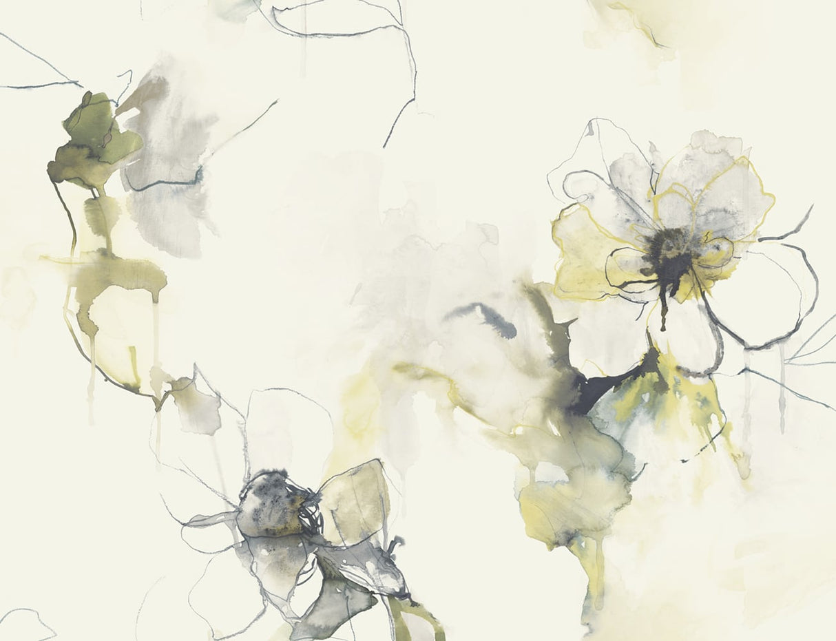 Anemone Watercolor Floral wallpaper pattern in Dark Ash and Canary (close-up)