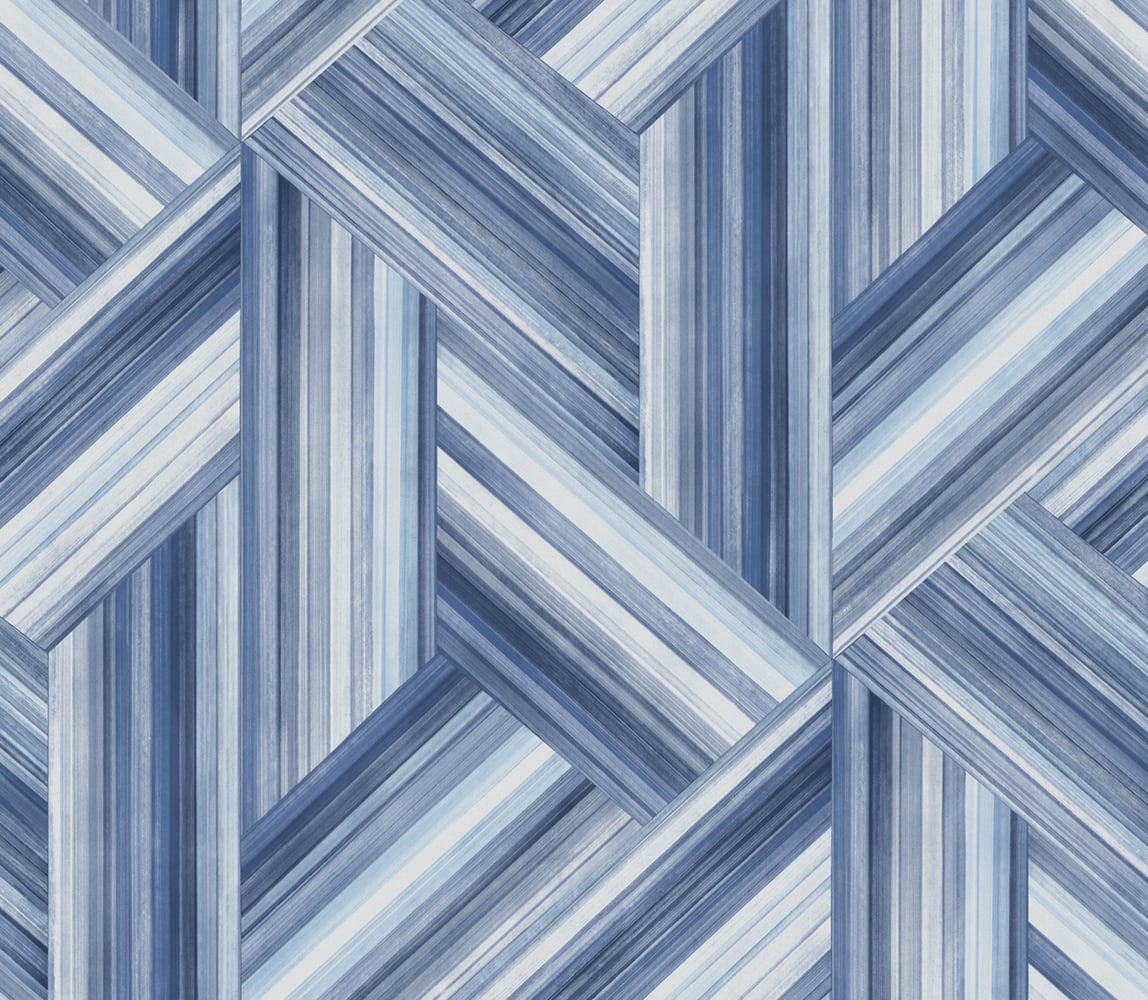 Blue geometric inlay wallpaper pattern in denim and sky blue