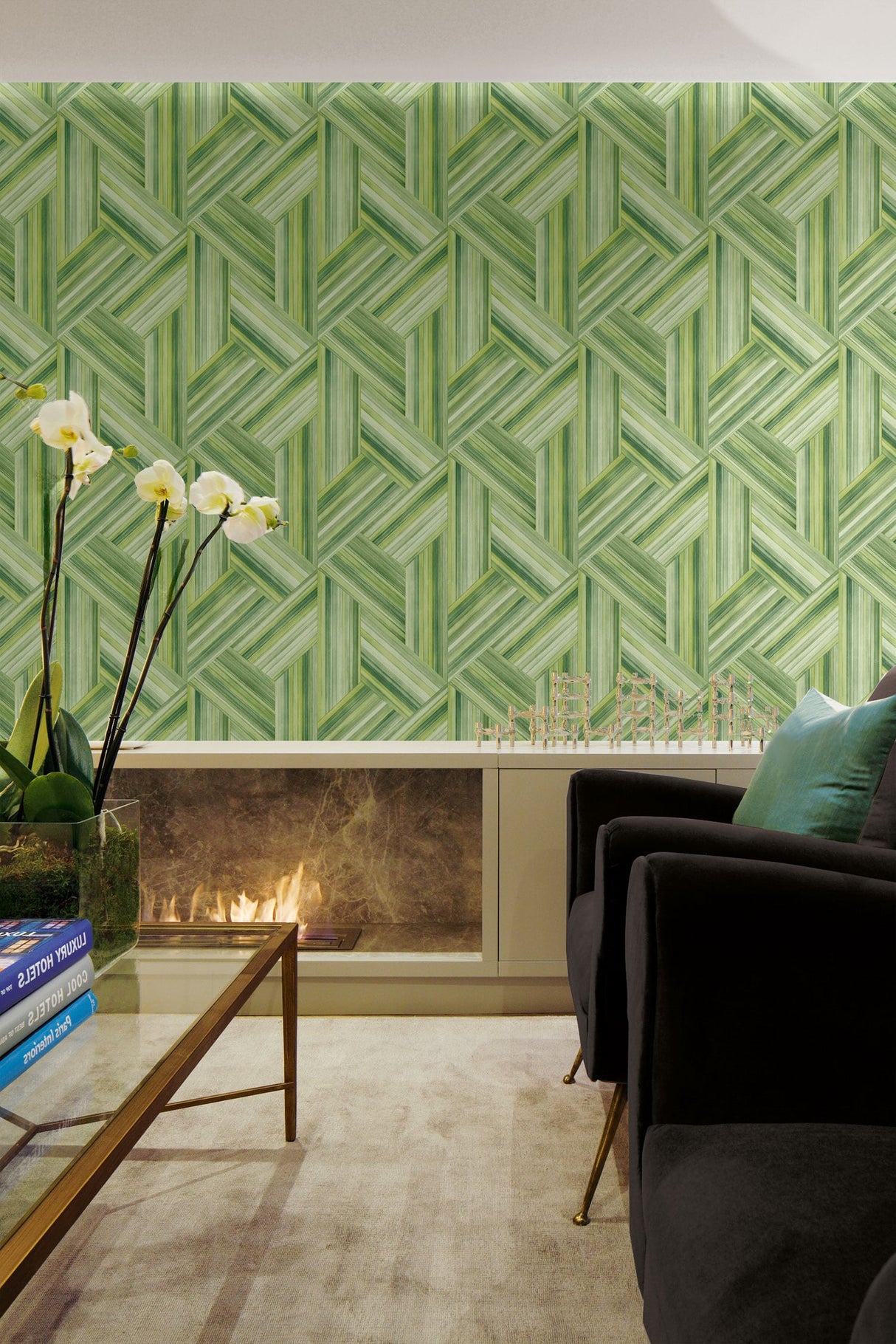 Geo Inlay Chartreuse and Basil by Living with Art Geometric Wallpaper – Seabrook Designs LW50104