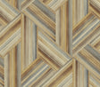 Geo Inlay geometric wood-inlay look wallpaper in saddle brown and steel with a matte finish