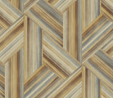 Geo Inlay geometric wood-inlay look wallpaper in saddle brown and steel with a matte finish