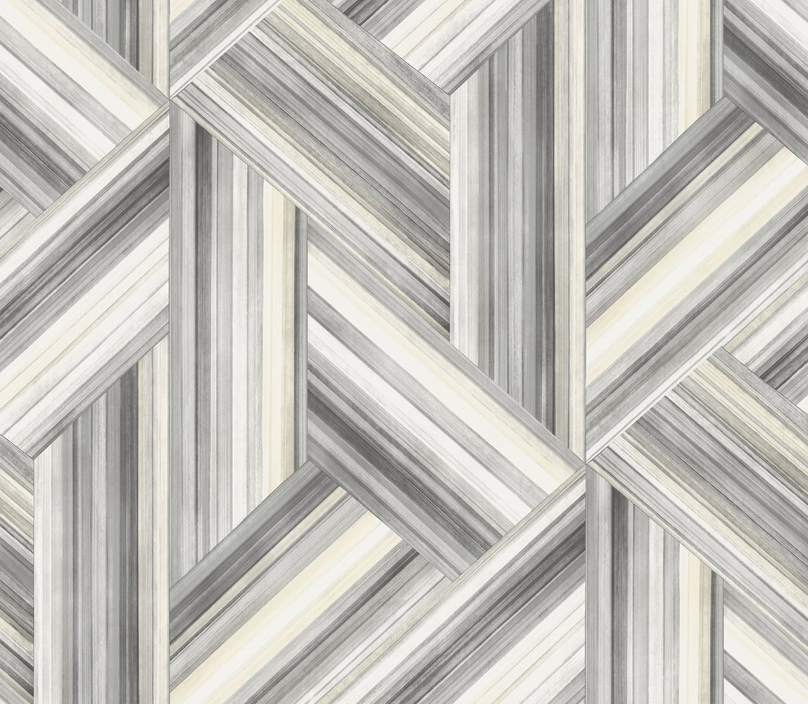Geo Inlay wallpaper in Cove Gray and Carrara featuring a woven geometric inlay pattern in grey and off-white tones.