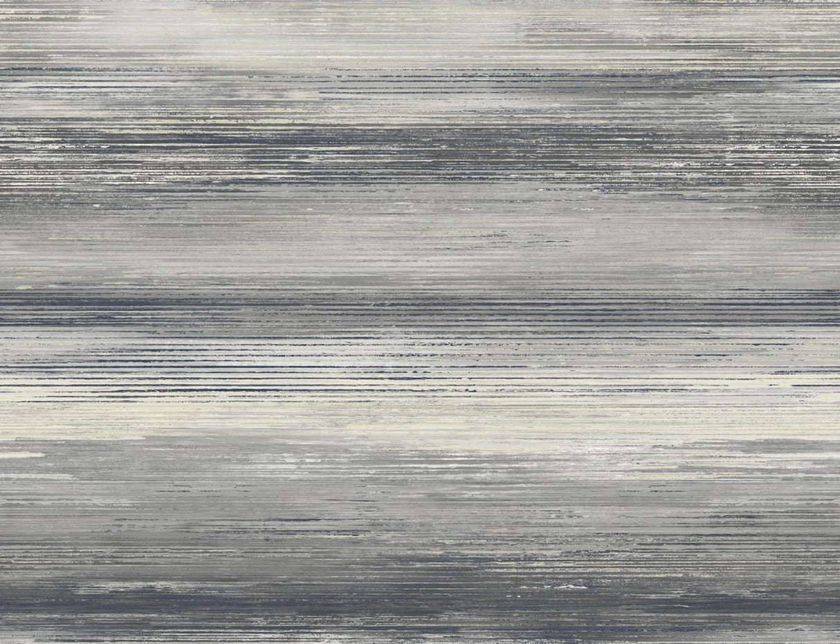 Sunset Stripes wallpaper in Mercury and Sand Dollar featuring layered horizontal stripe texture in soft greys and warm neutrals.