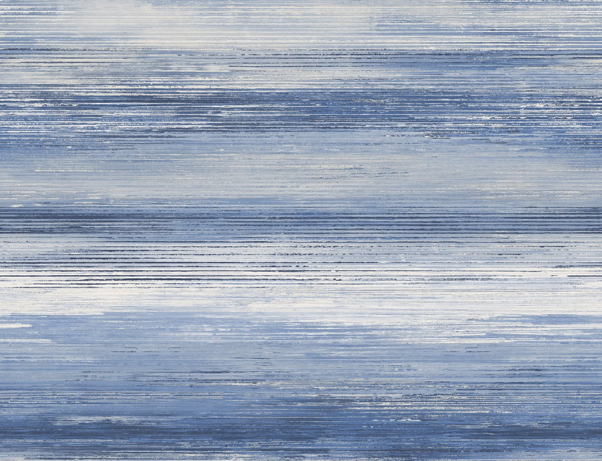 Sunset Stripes wallpaper in moody blue and frost with layered horizontal brushstroke-style stripes
