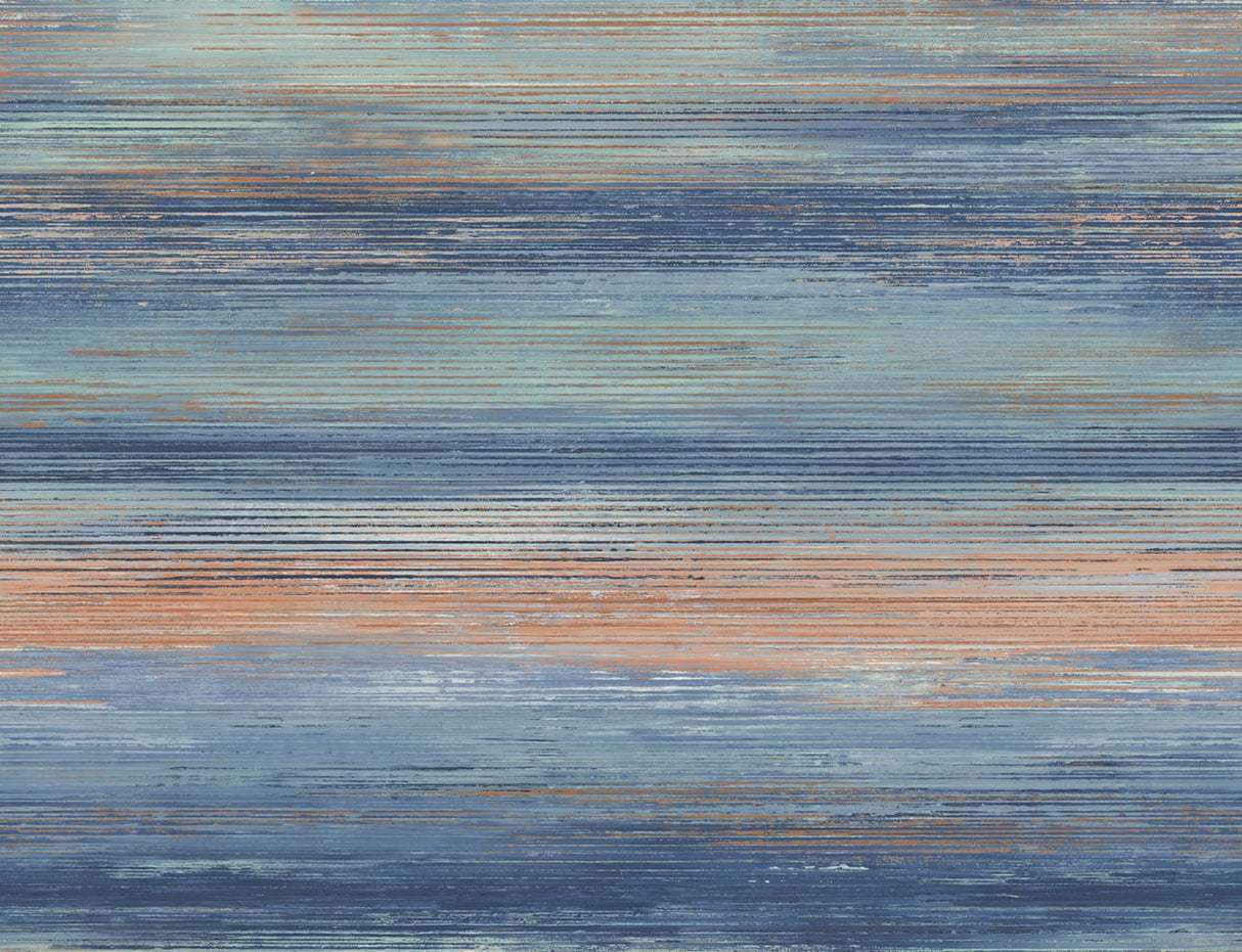 Sunset Stripes wallpaper featuring horizontal brushed stripes in layered blues with vermillion orange accents.