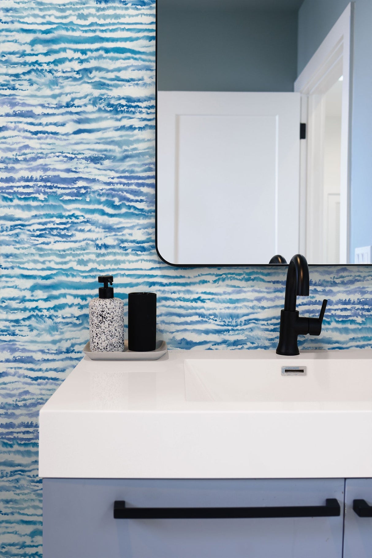 Watercolor Waves French Navy and Aqua by Living with Art Abstract Wave Wallpaper – Seabrook Designs LW50502