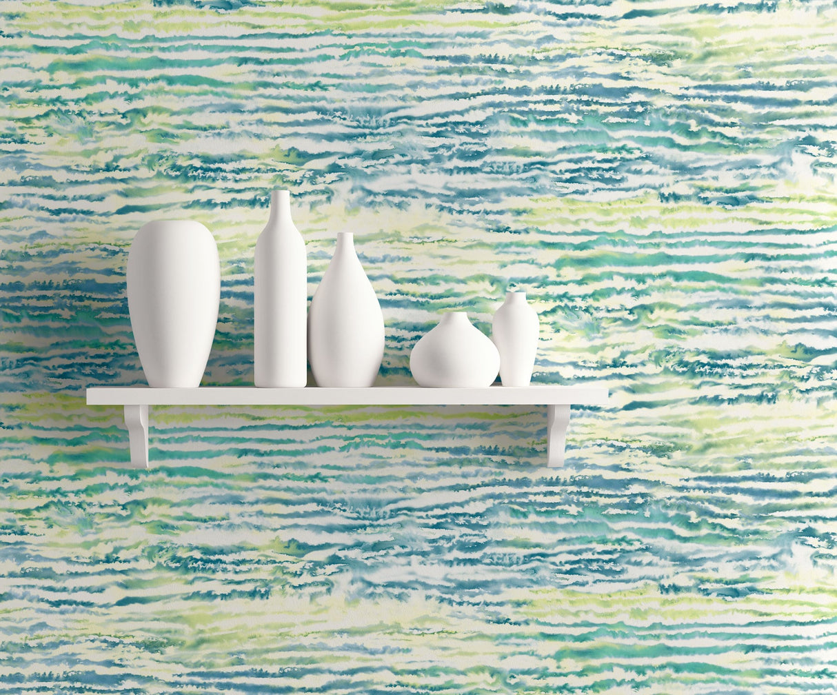 Watercolor Waves Deep Sea and Spring Green by Living with Art Abstract Wallpaper – Seabrook Designs LW50504