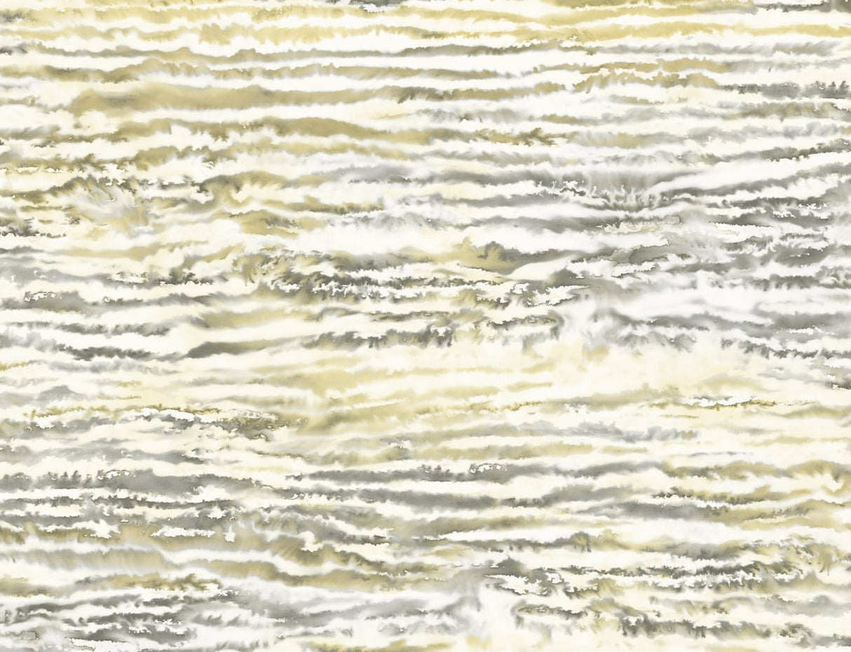 Watercolor Waves wallpaper in Golden Dusk with layered watercolor wave stripes in gold, grey, and ivory.