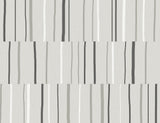 Block Lines wallpaper in Warm Stone featuring vertical grey and off-white line blocks with a modern geometric layout.