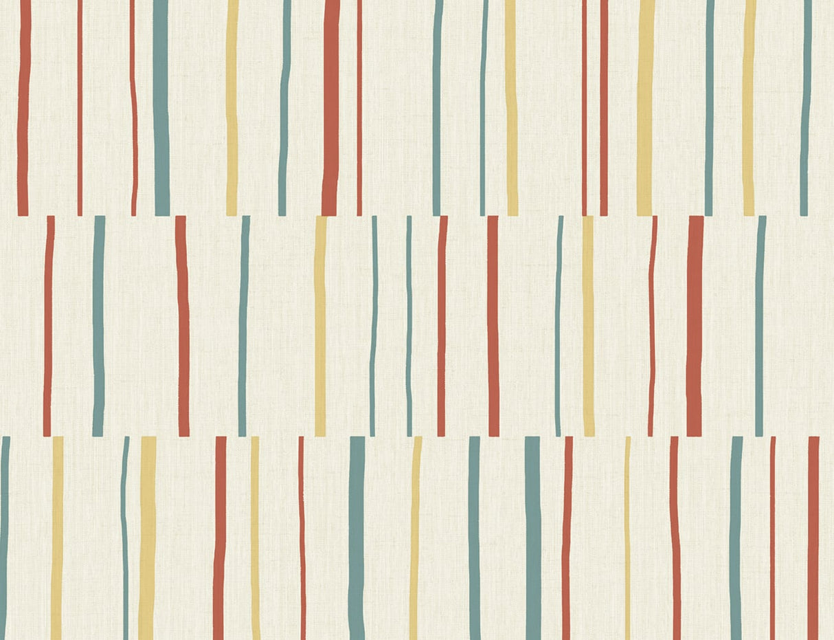 Block Lines wallpaper pattern with vertical broken stripes in vermillion, sunflower yellow, and teal on an off-white ground.
