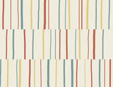 Block Lines wallpaper pattern with vertical broken stripes in vermillion, sunflower yellow, and teal on an off-white ground.