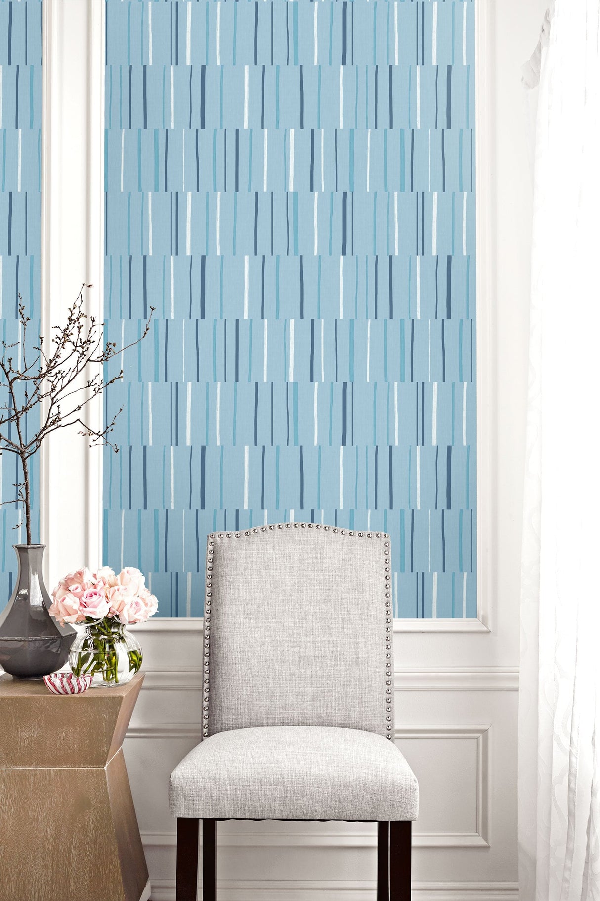 Block Lines Bluebird, Navy & Glacier White by Living with Art Geometric Line Wallpaper – Seabrook Designs LW51212