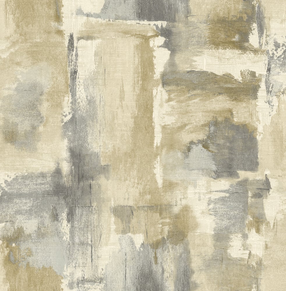 Abstract dry-brush faux wallpaper in warm golden dusk tones with soft gray and beige blocks.