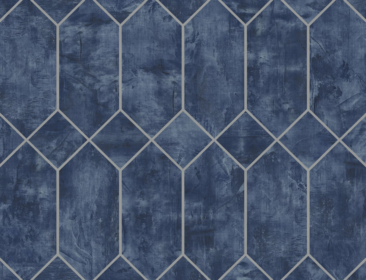 Geo Faux wallpaper in denim blue with metallic silver geometric pattern.