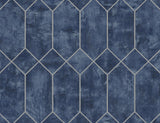 Geo Faux wallpaper in denim blue with metallic silver geometric pattern.