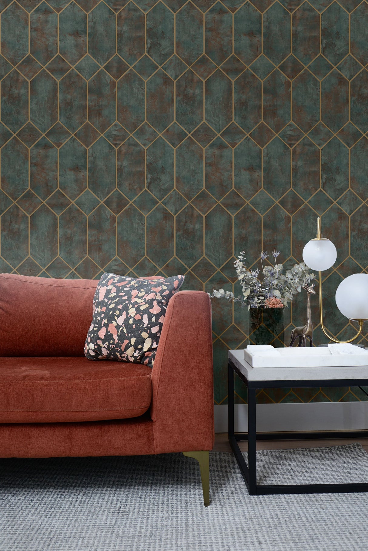 Geo Faux Rust and Forest Green by Living with Art Geometric Metallic Wallpaper – Seabrook Designs LW51606