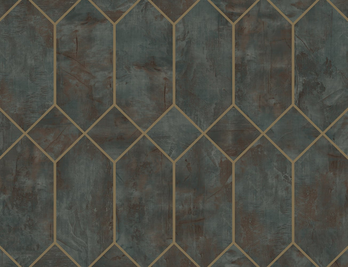 Geo Faux geometric metallic wallpaper in rust and forest green with metallic gold linework